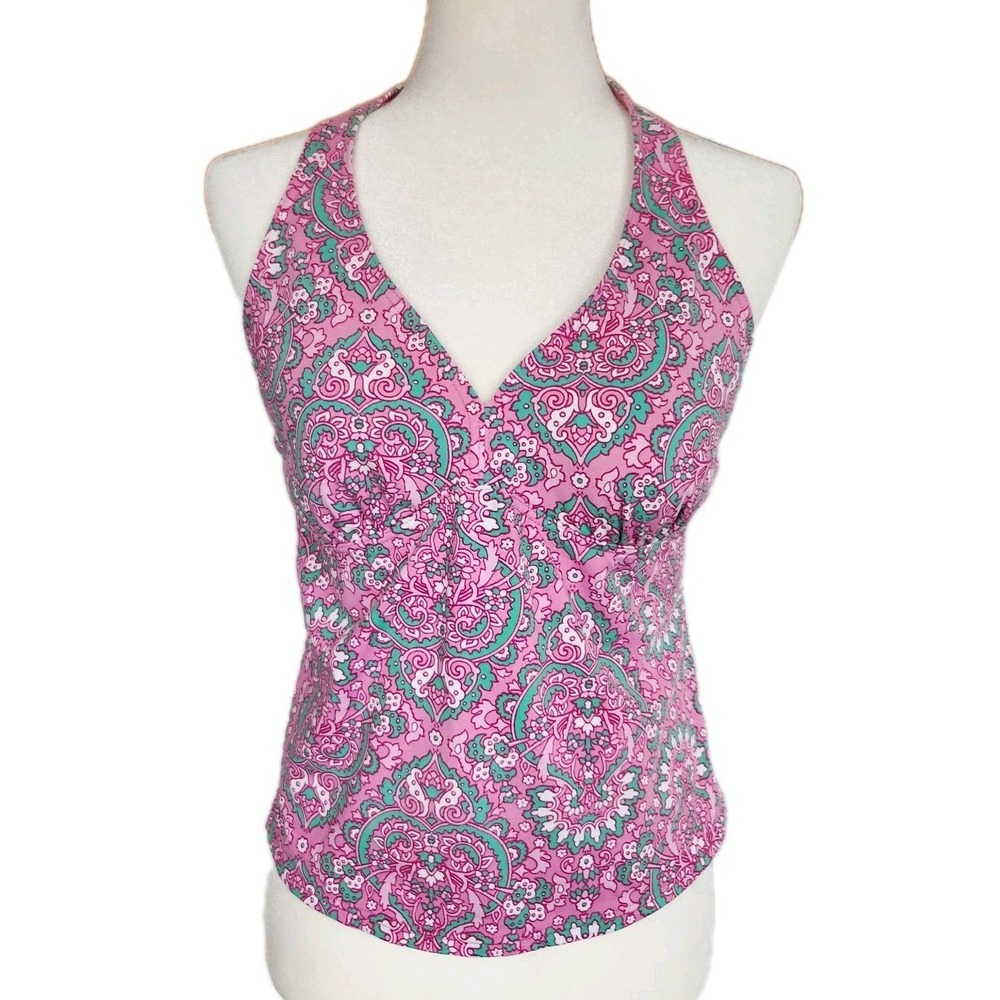 Lands End Womens Swimsuit Tankini Top Sz 12 Halter Pink Paisley Beach Summer Sun